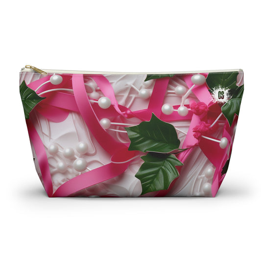 Pink Ribbons, Ivy & Pearls Accessory Pouch w T-bottom