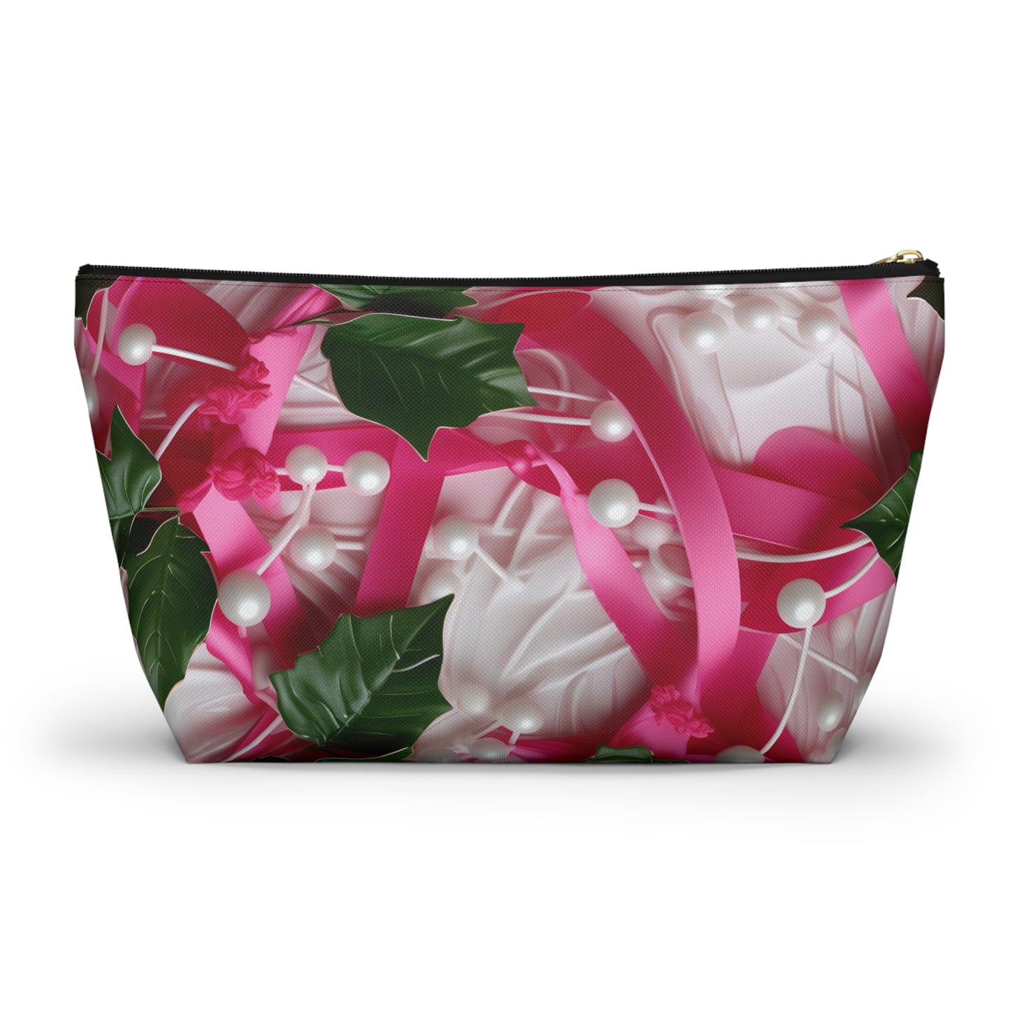 Pink Ribbons, Ivy & Pearls Accessory Pouch w T-bottom