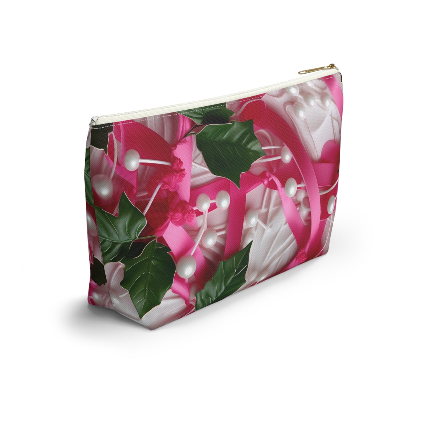 Pink Ribbons, Ivy & Pearls Accessory Pouch w T-bottom