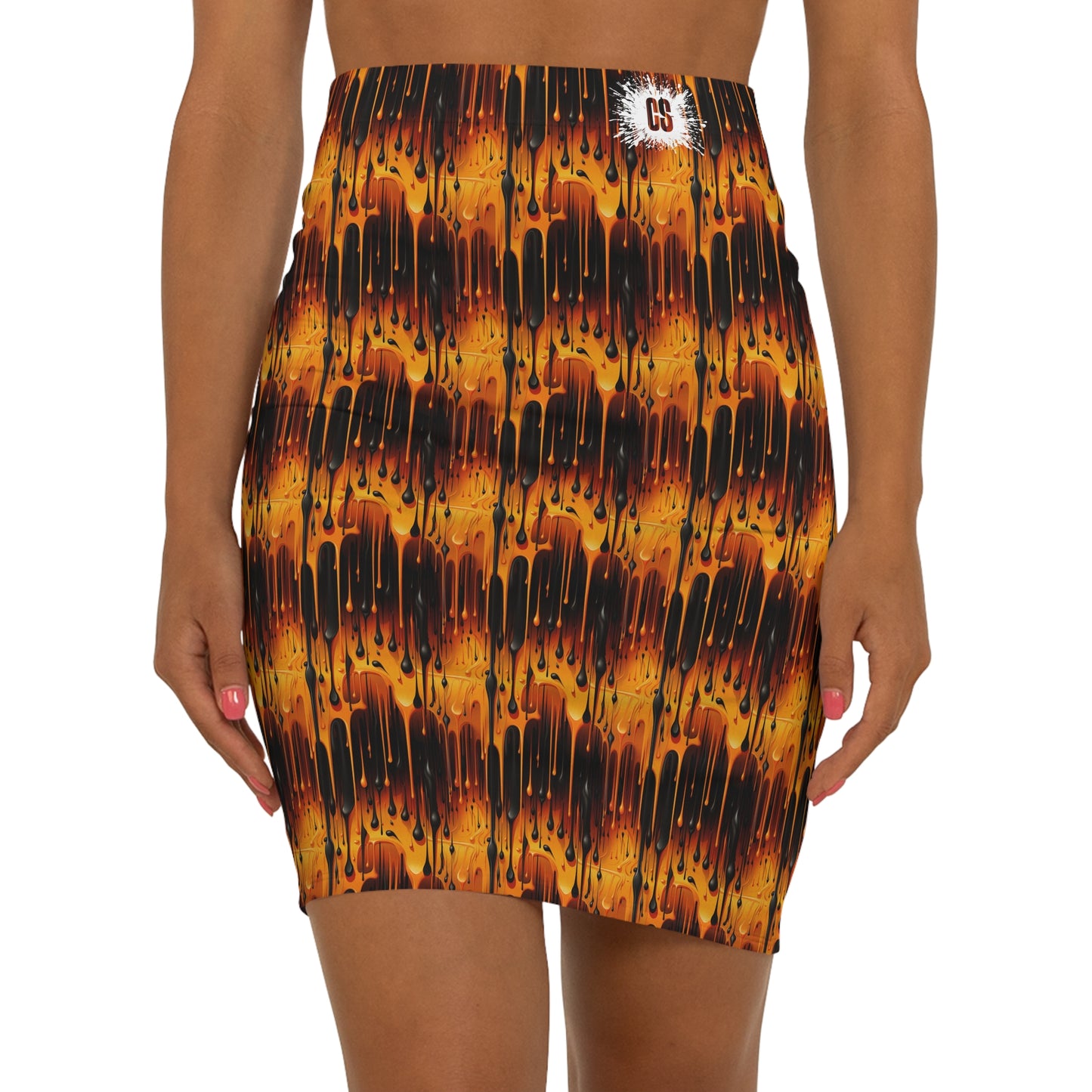 Orange & Black Dripping Paint Women's Mid-Waist Pencil Skirt