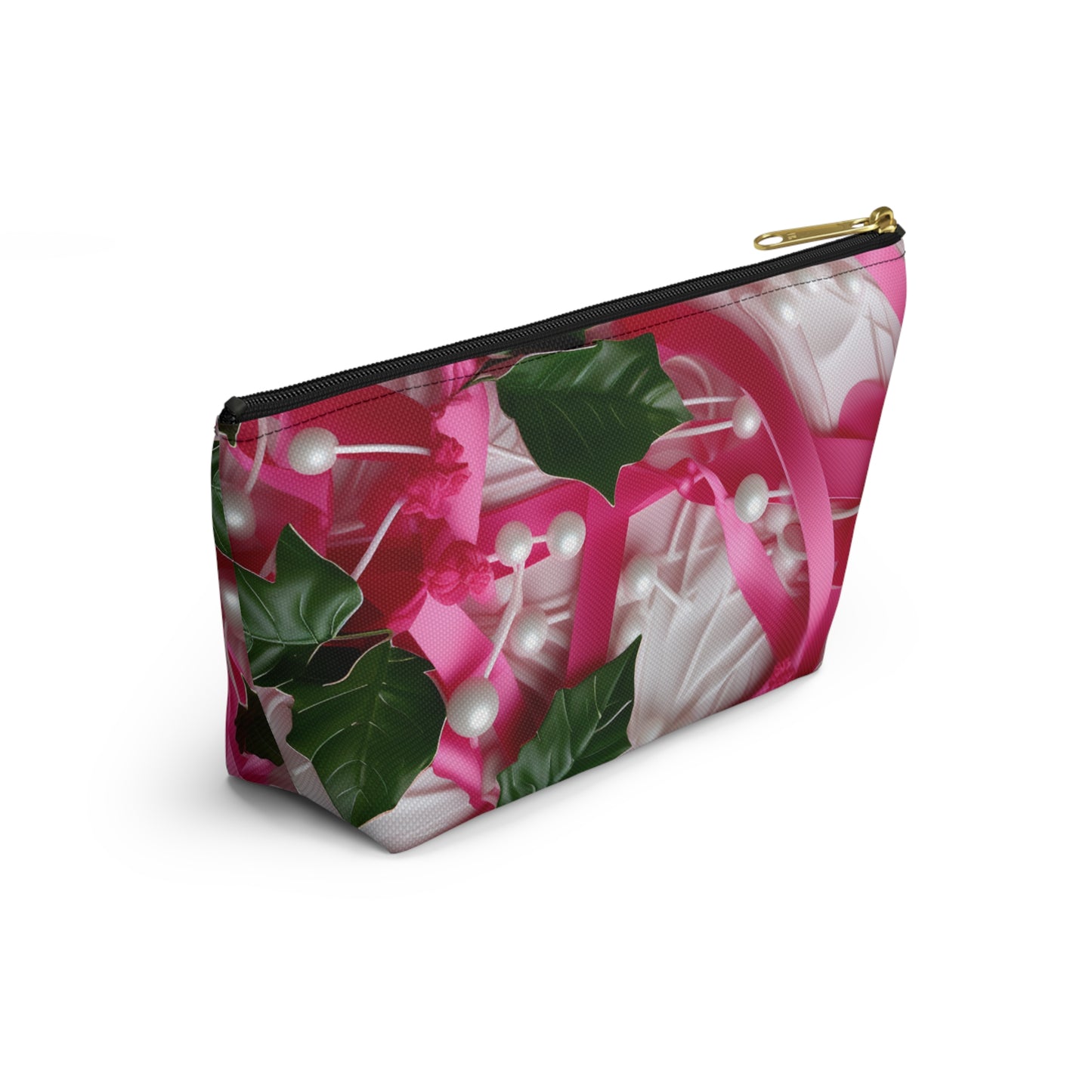 Pink Ribbons, Ivy & Pearls Accessory Pouch w T-bottom