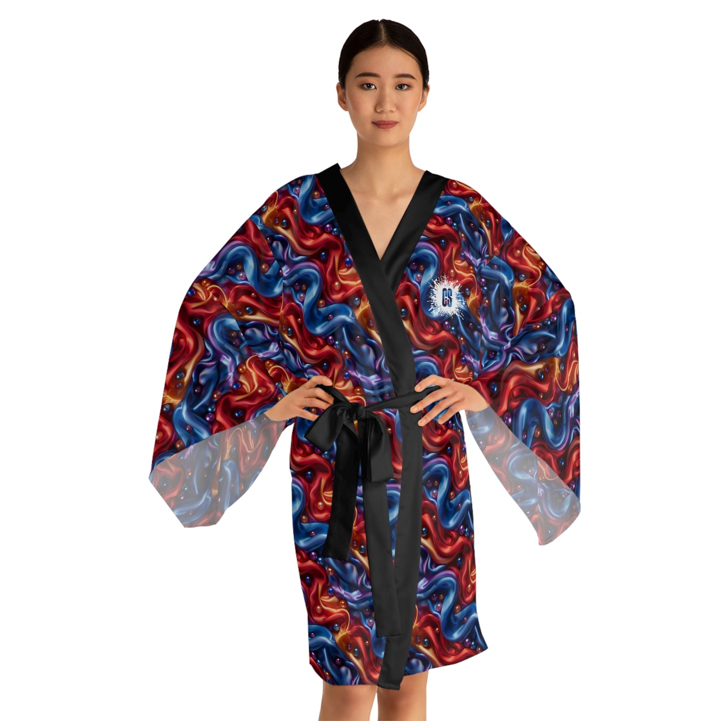 Sartorial Satin & Pearls Long Sleeve Kimono Robe