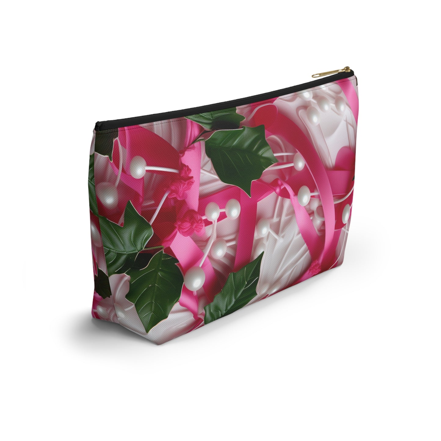 Pink Ribbons, Ivy & Pearls Accessory Pouch w T-bottom