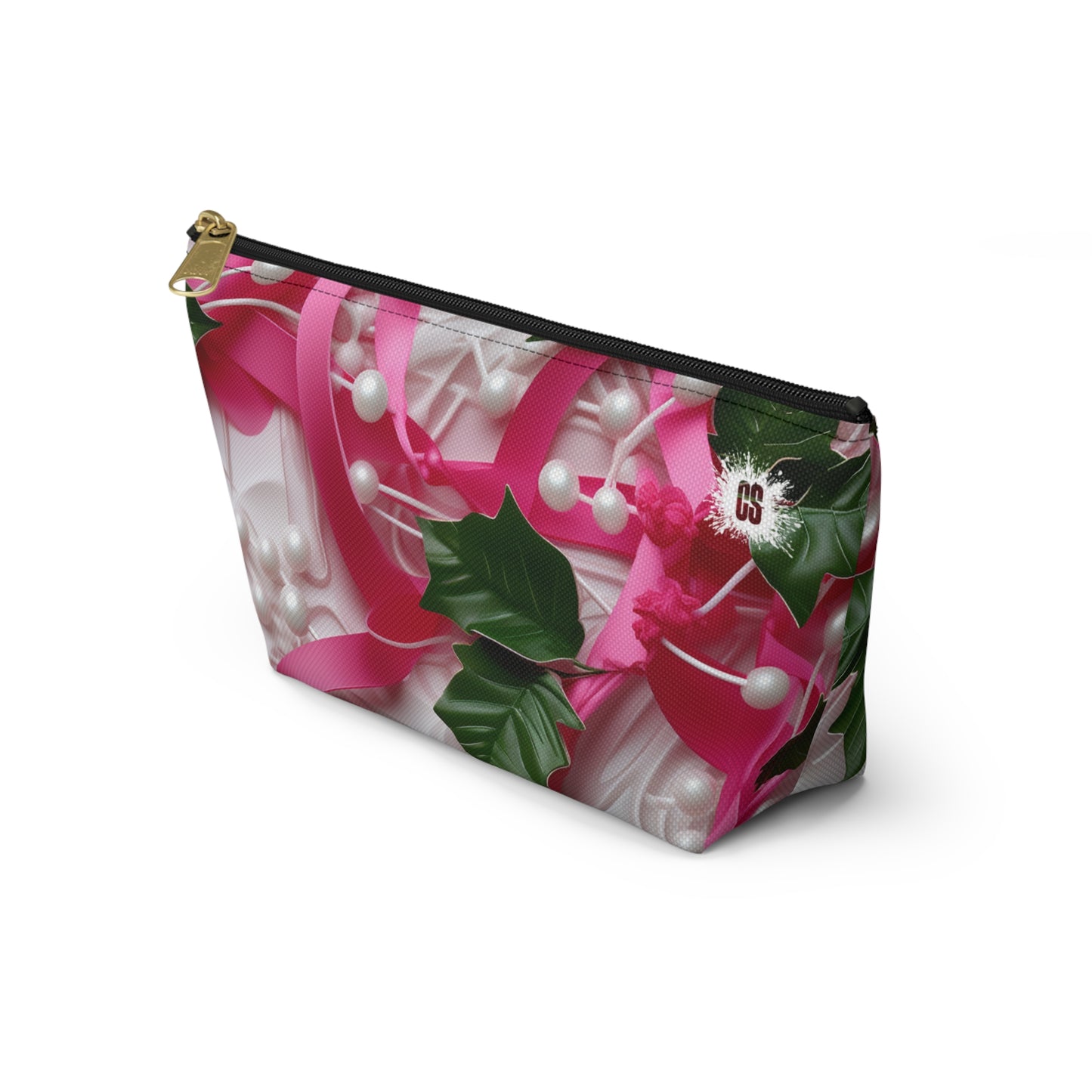 Pink Ribbons, Ivy & Pearls Accessory Pouch w T-bottom