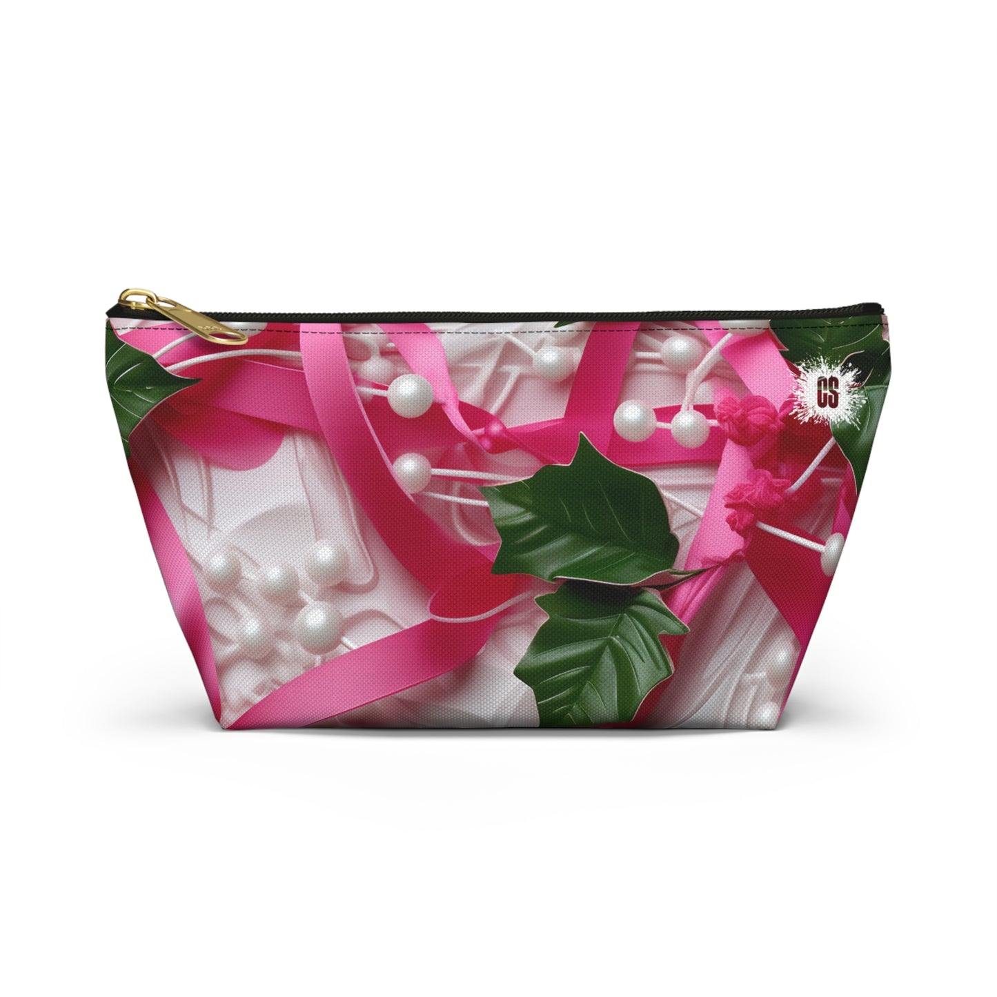 Pink Ribbons, Ivy & Pearls Accessory Pouch w T-bottom