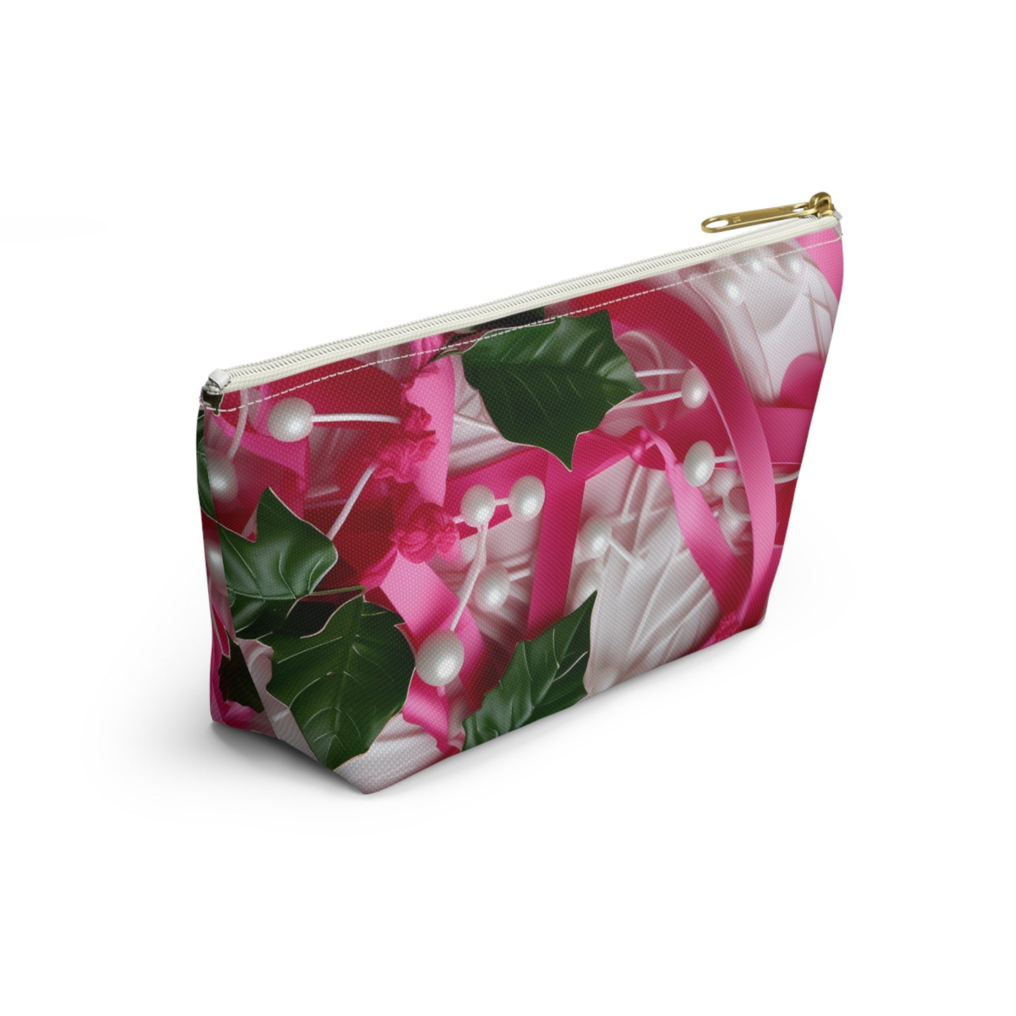 Pink Ribbons, Ivy & Pearls Accessory Pouch w T-bottom