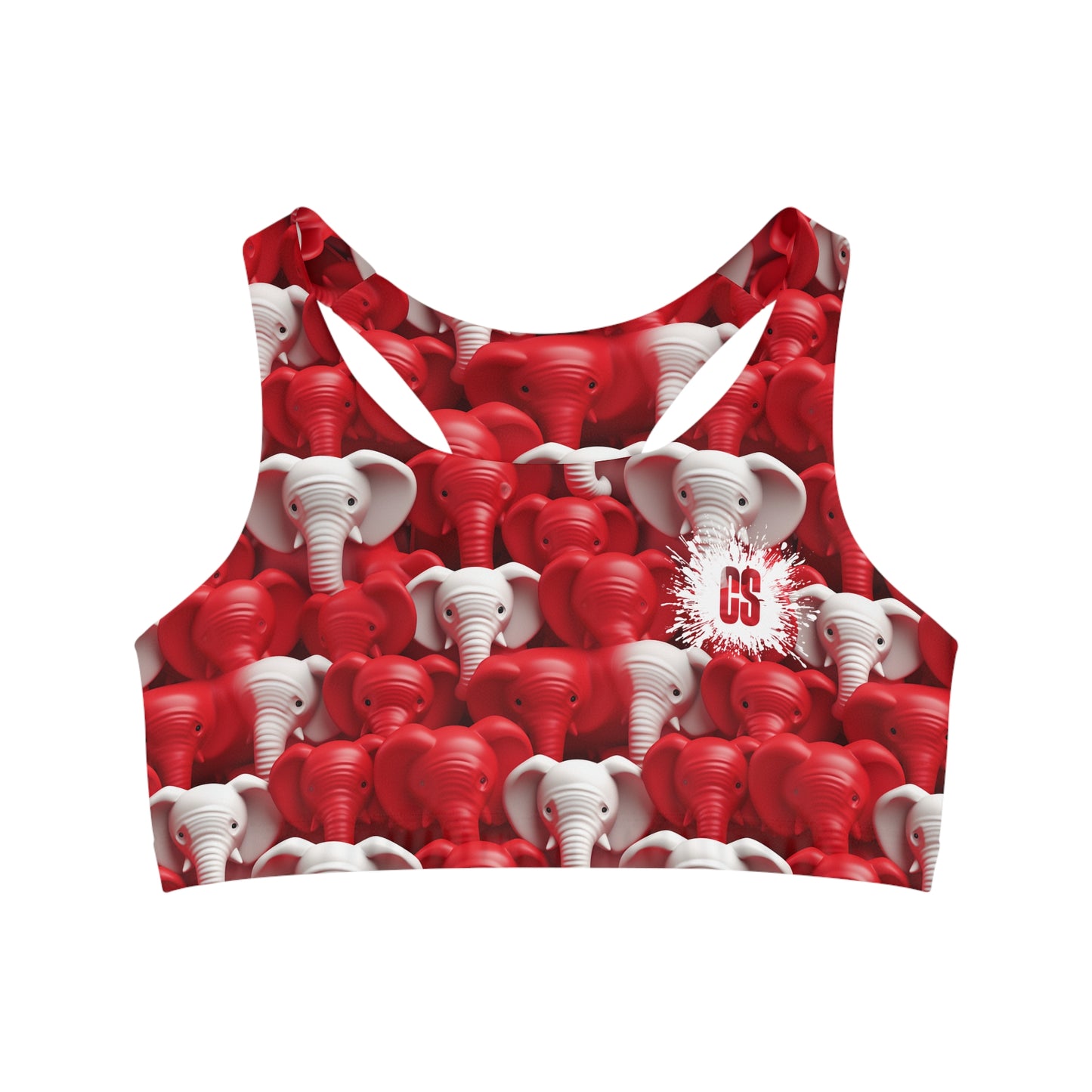 Red & White Elephants Seamless Sports Bra