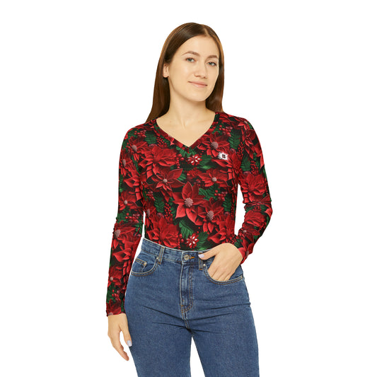 Christmas Leaves Women's Long Sleeve V-neck Shirt