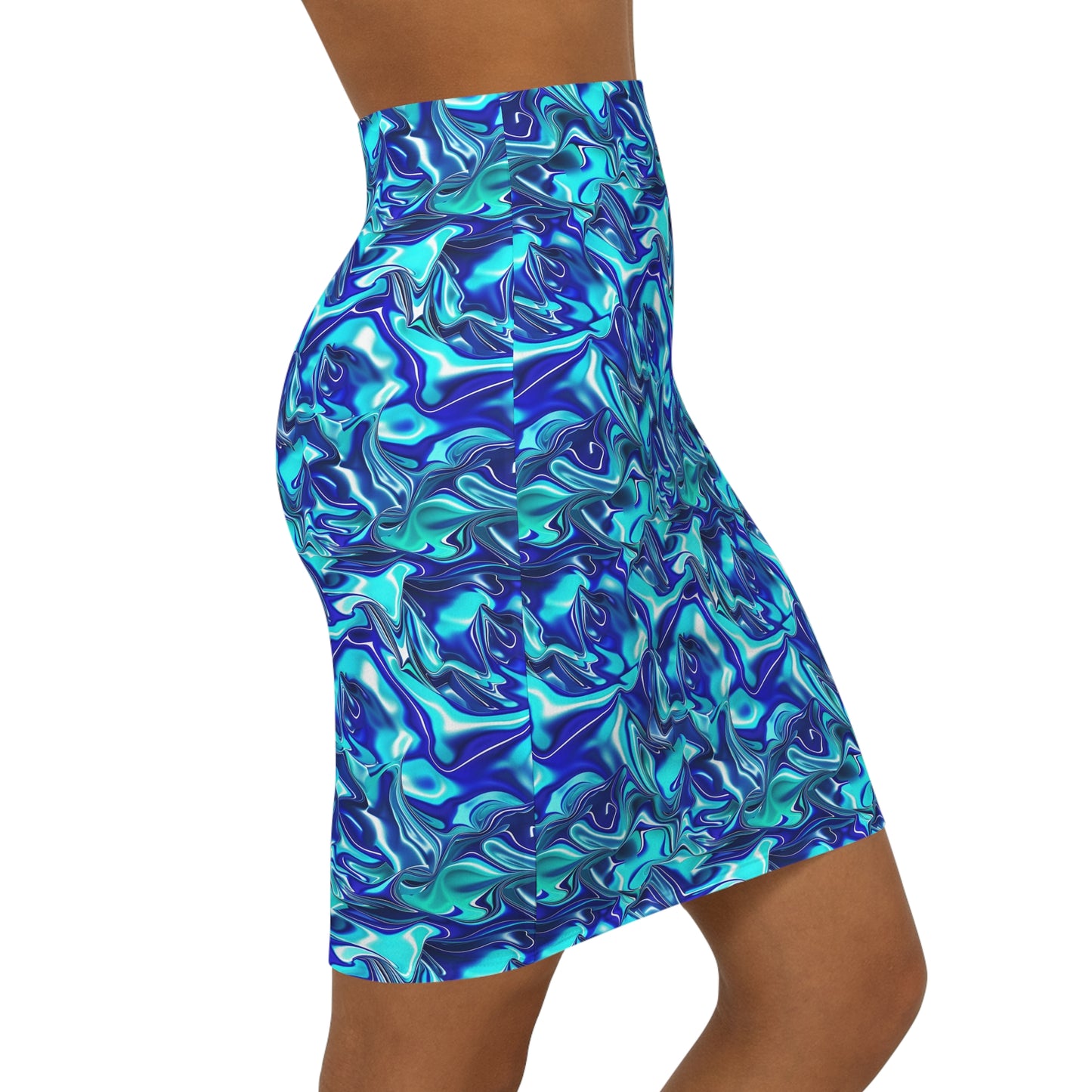 Oceanic Blue Satin Women's Mid-Waist Pencil Skirt