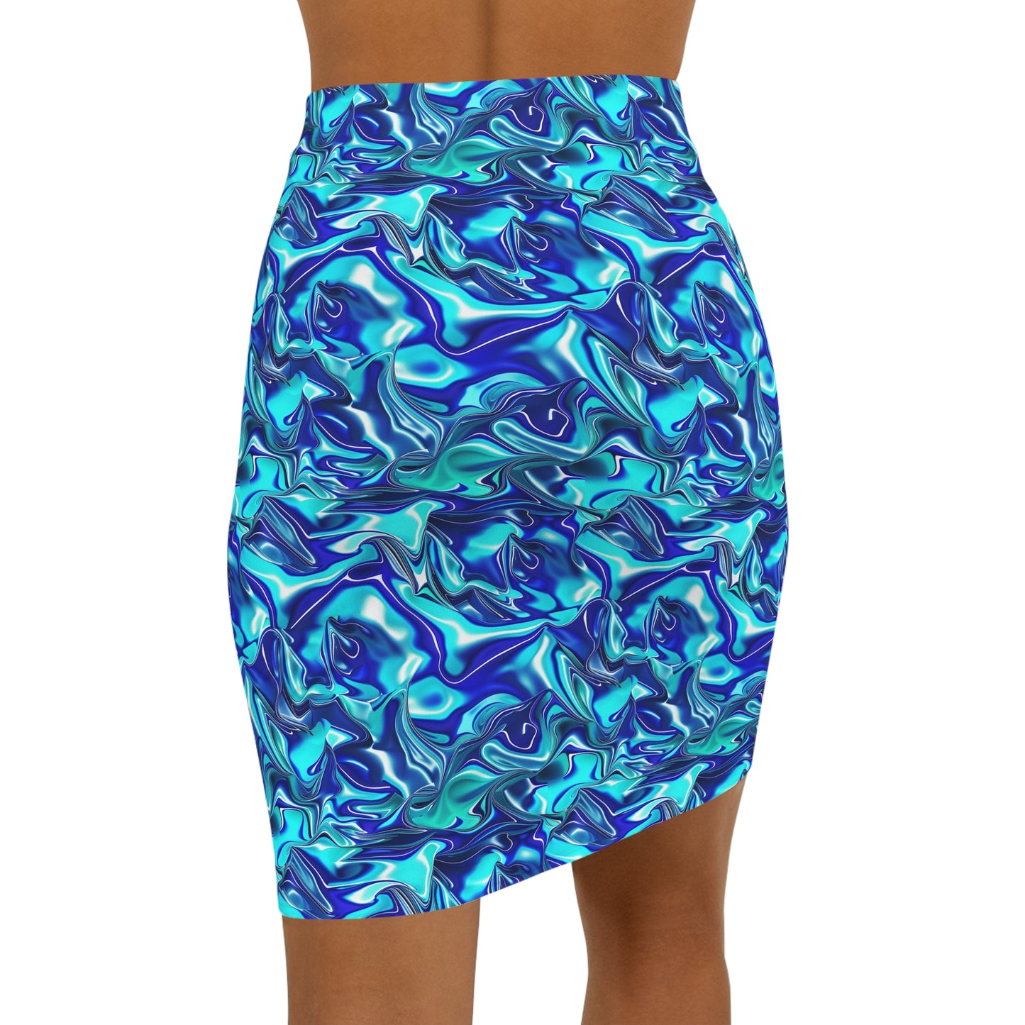 Oceanic Blue Satin Women's Mid-Waist Pencil Skirt