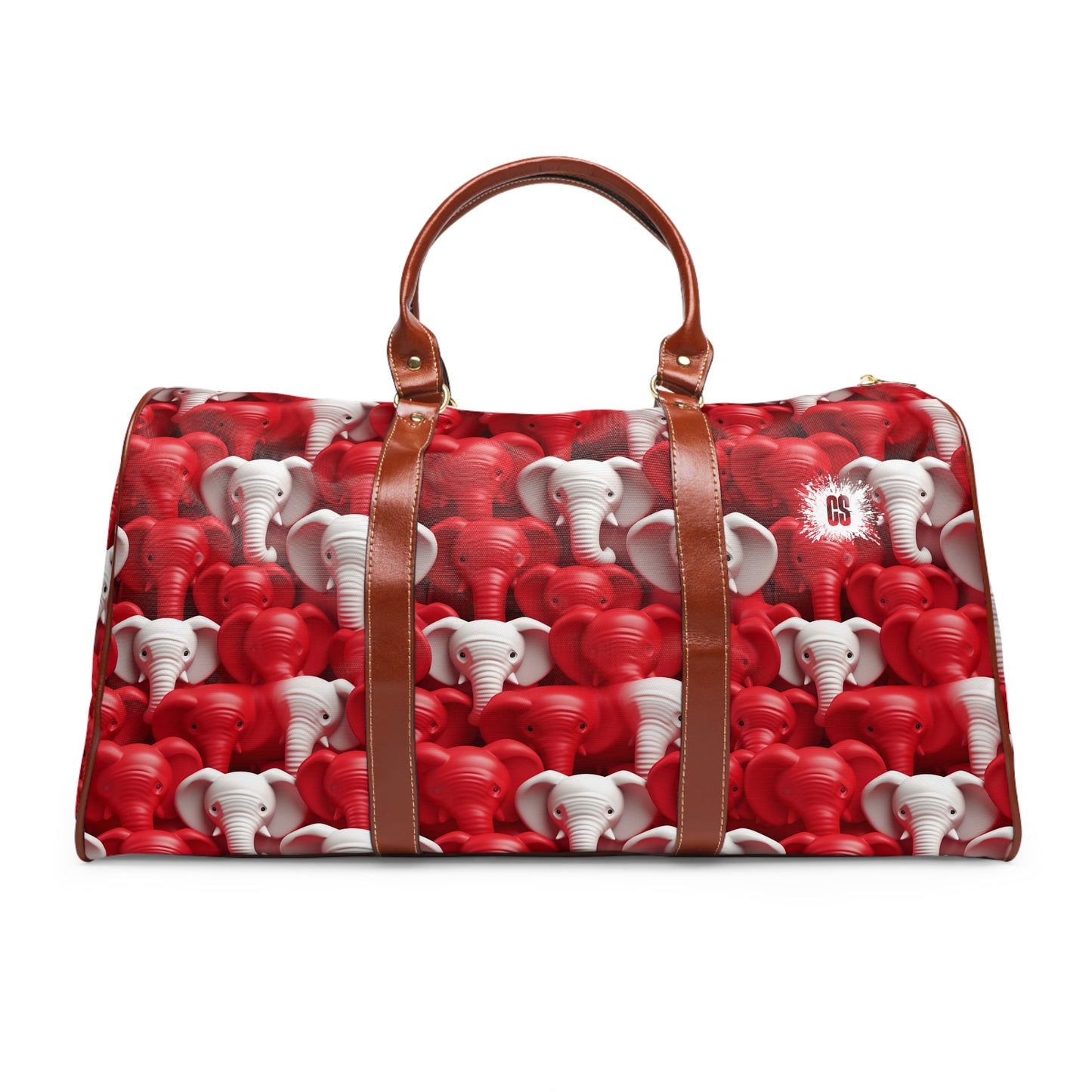 Red & White Elephants Waterproof Travel Bag