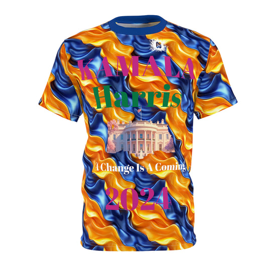 Blue & Yellow Satin KAMALA 2024 Campaign Unisex Cut & Sew Tee