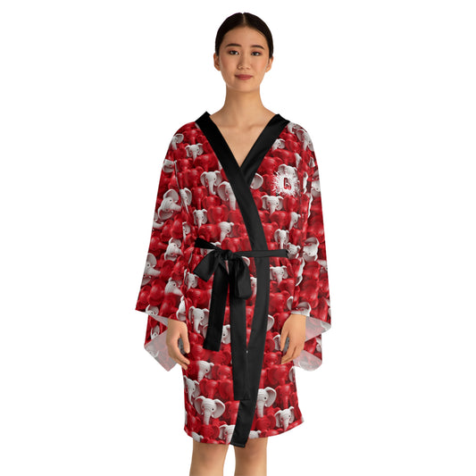 Red & White Elephants Long Sleeve Kimono Robe