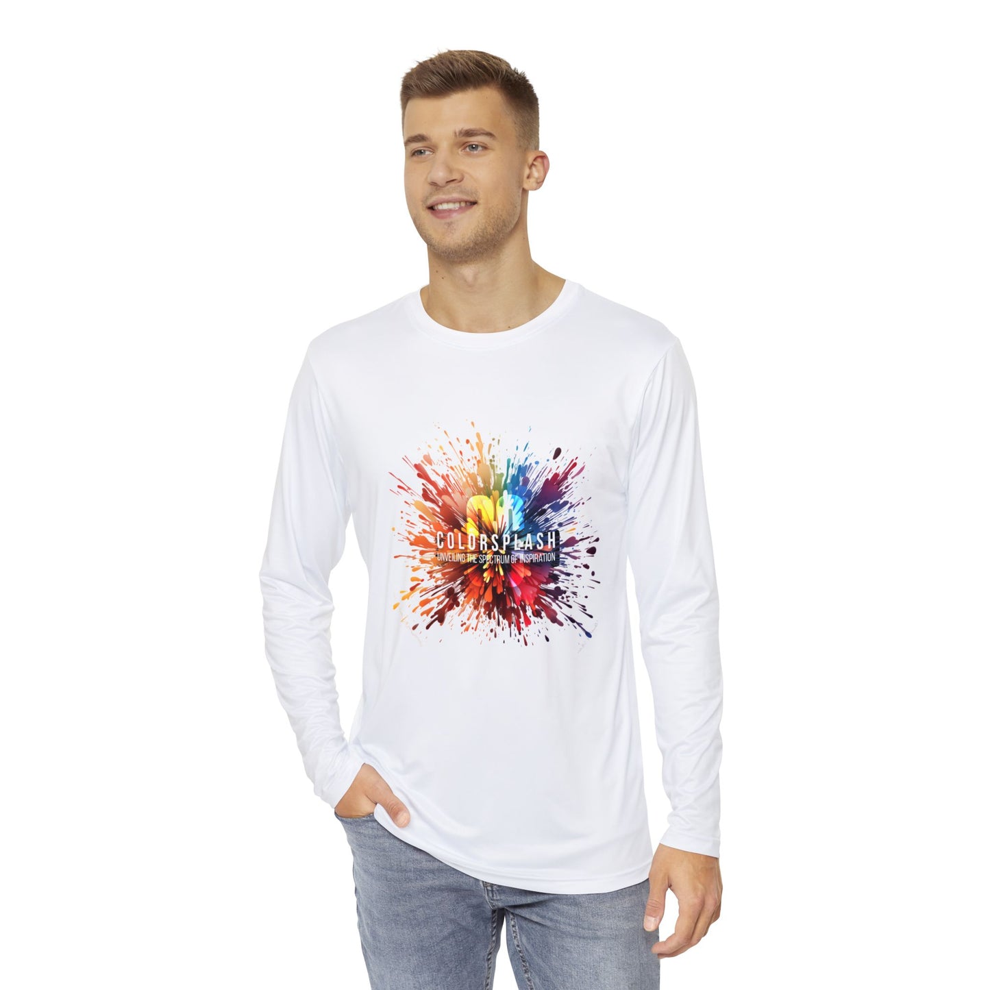 White ColorSplash Men's Long Sleeve Shirt – Vibrant Artistic Expression for Casual Wear