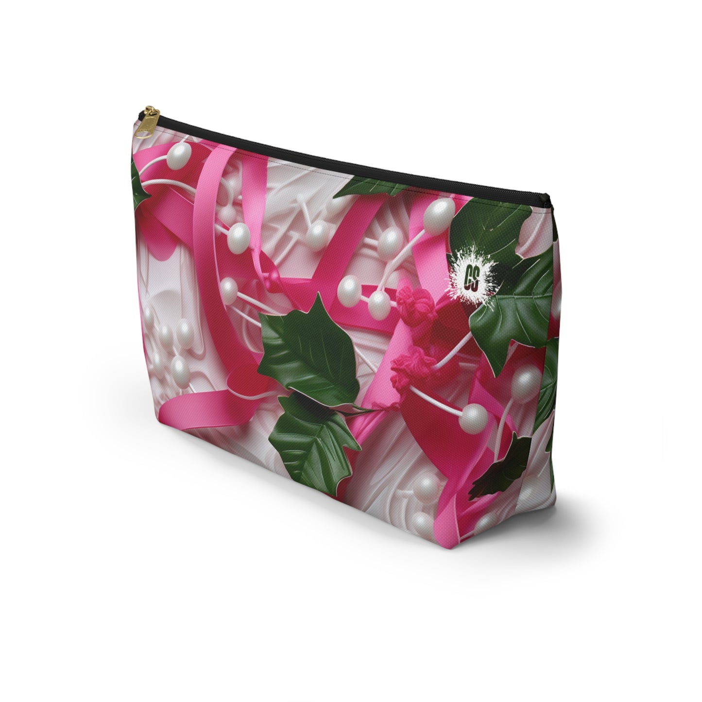 Pink Ribbons, Ivy & Pearls Accessory Pouch w T-bottom