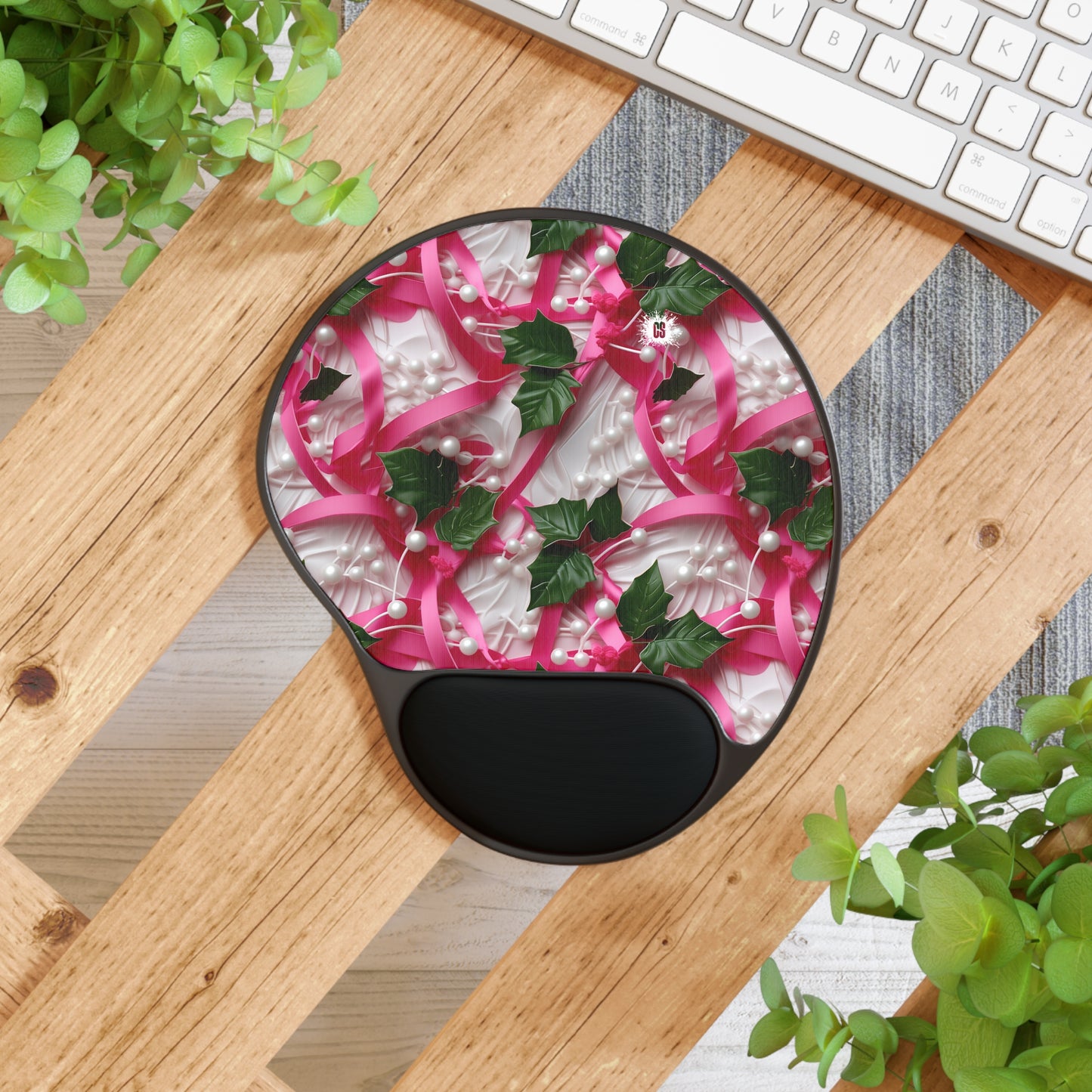 Pink Ribbons, Ivy & Pearls Mouse Pad With Wrist Rest