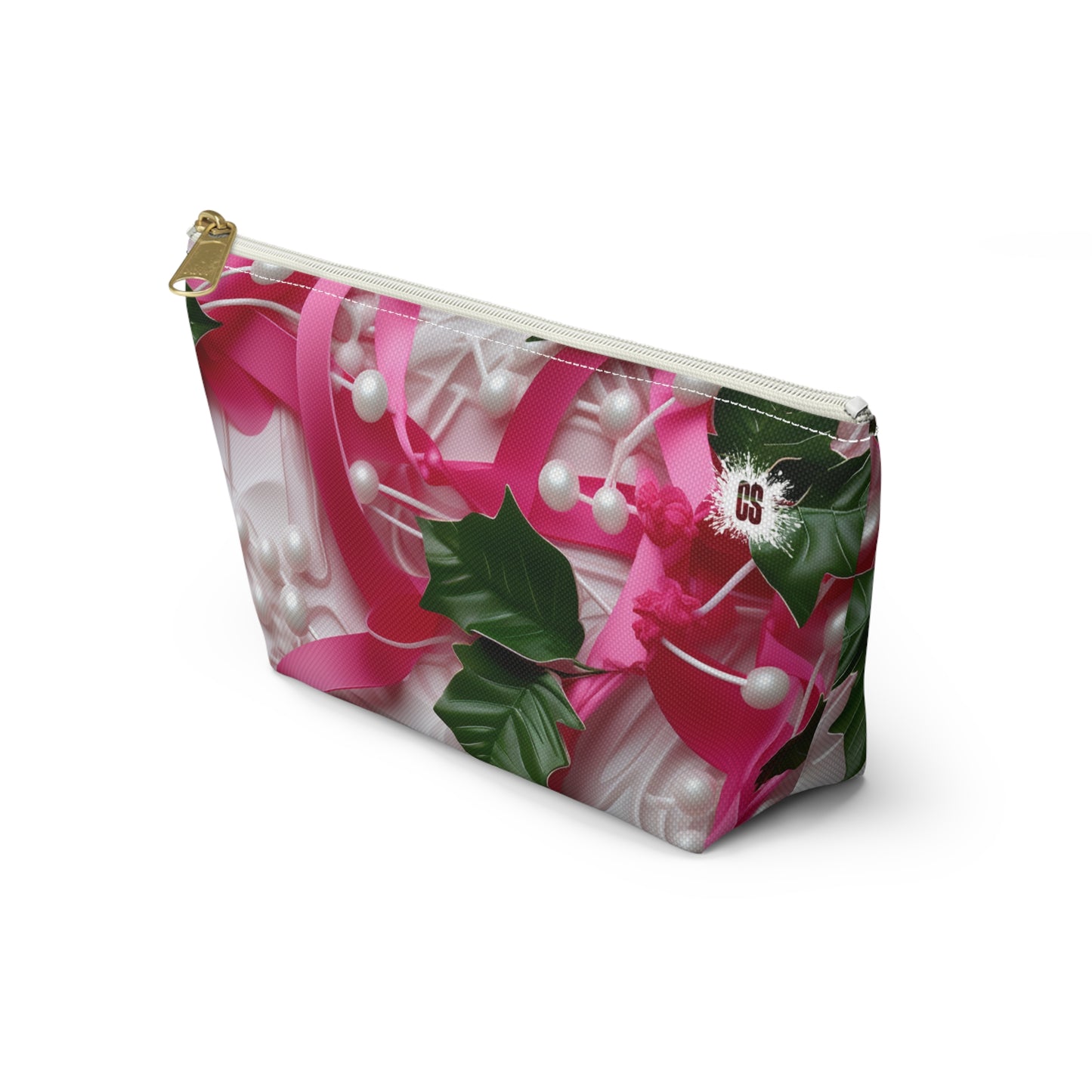 Pink Ribbons, Ivy & Pearls Accessory Pouch w T-bottom