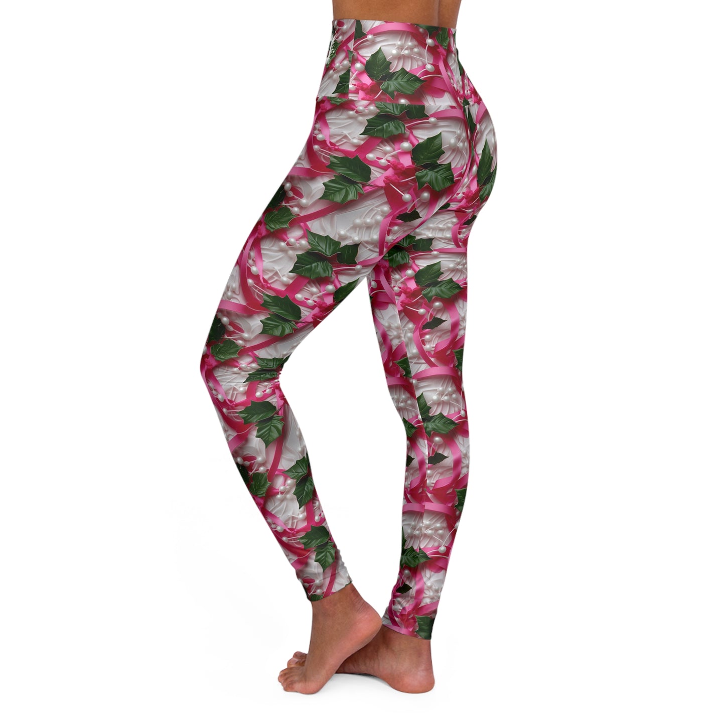 Pink Ribbons, Ivy & Pearls High Waisted Yoga Leggings