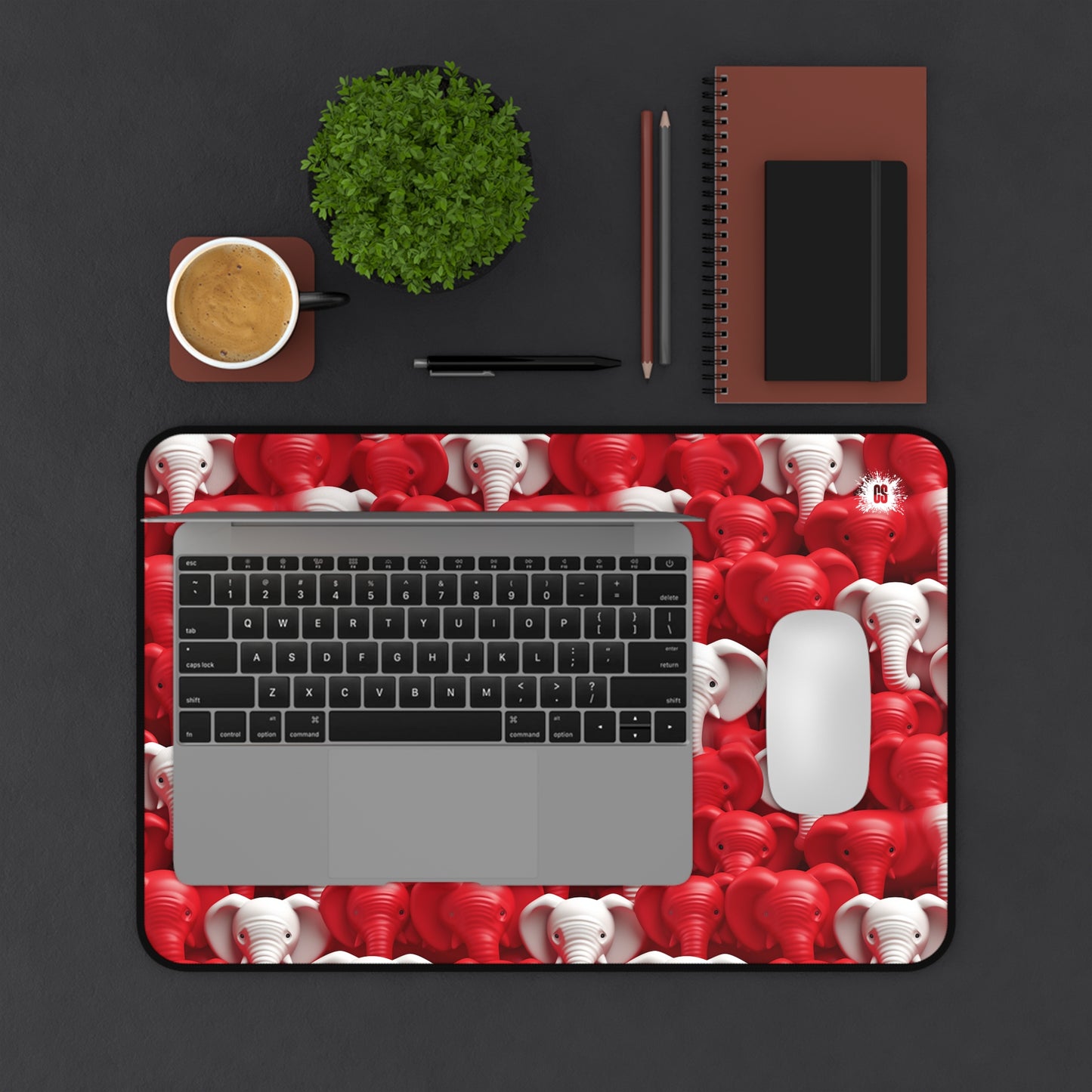 Red & White Elephants Desk Mat