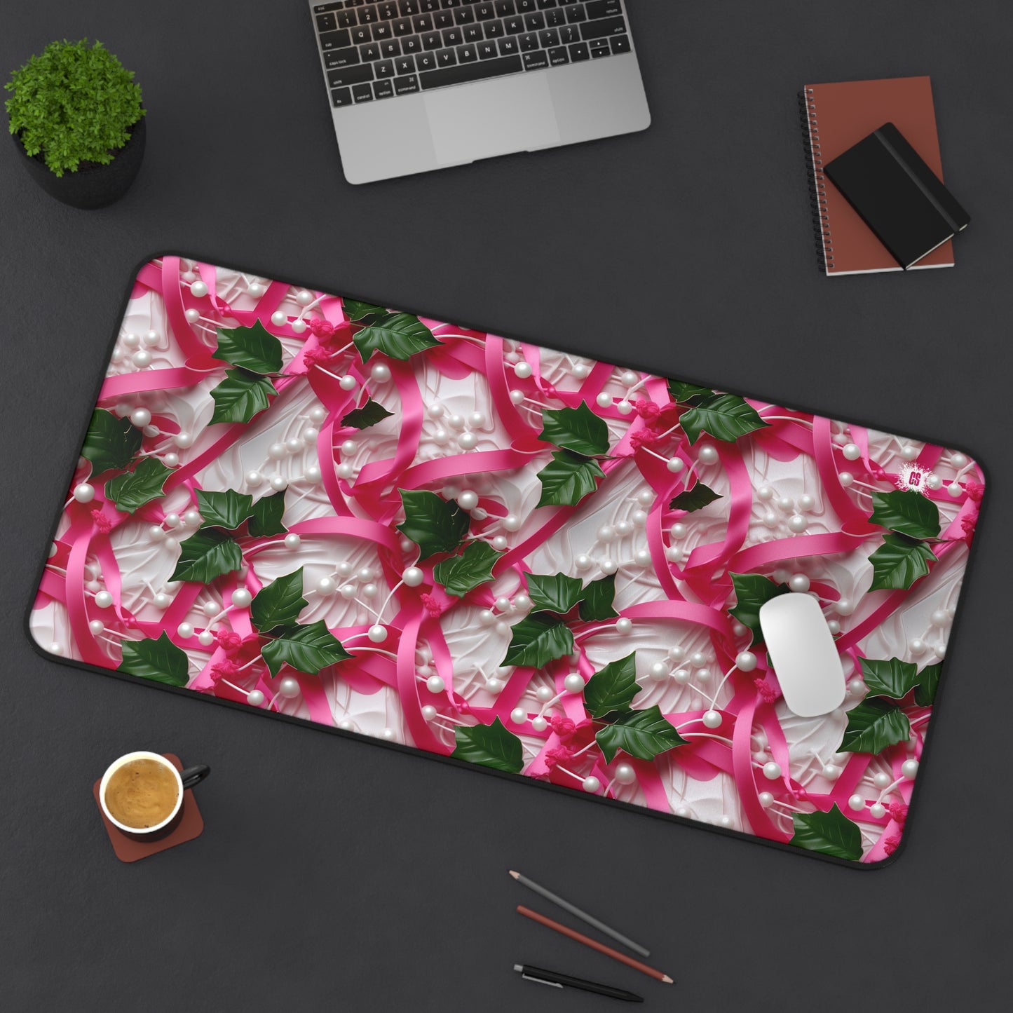 Pink Ribbons, Ivy & Pearls Desk Mat