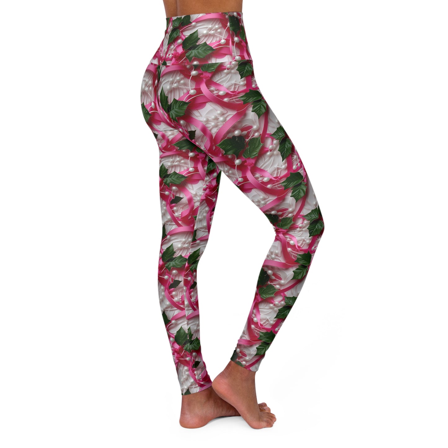 Pink Ribbons, Ivy & Pearls High Waisted Yoga Leggings