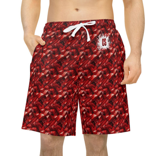 Geometric Crimson Athletic Long Shorts