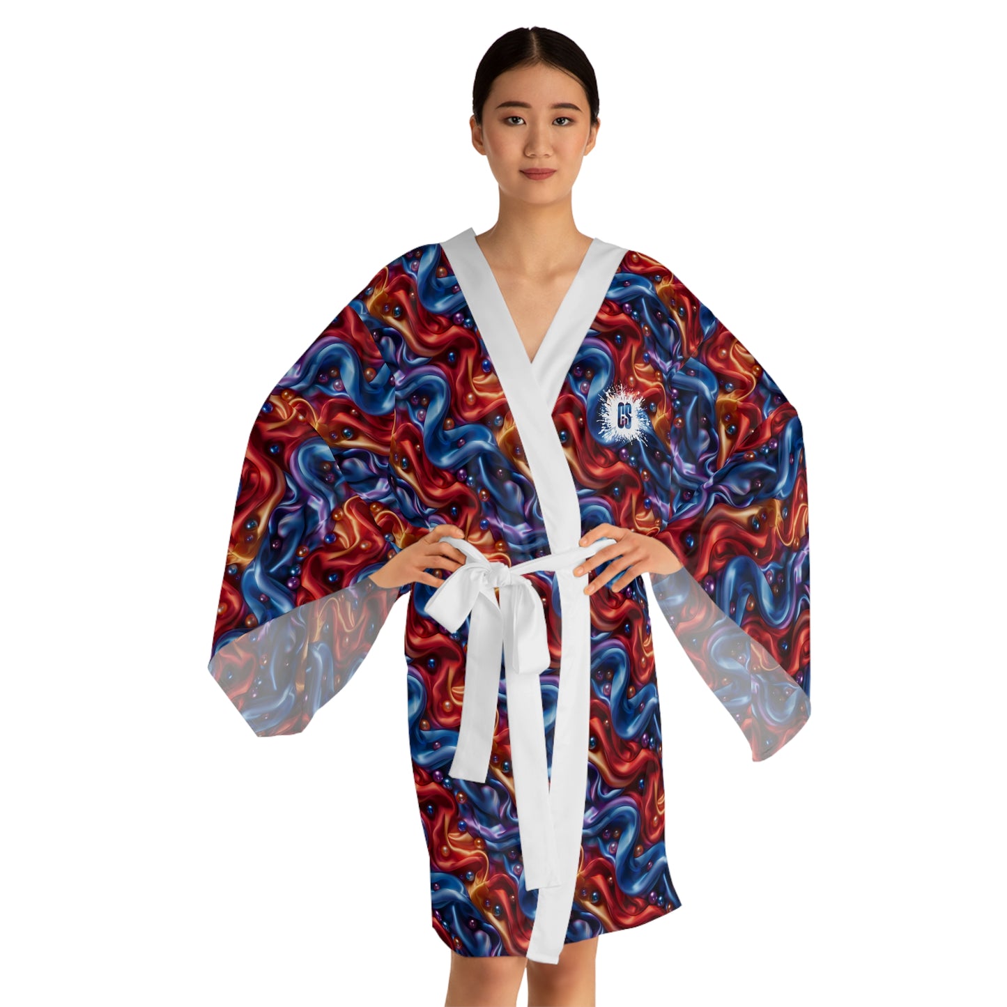 Sartorial Satin & Pearls Long Sleeve Kimono Robe