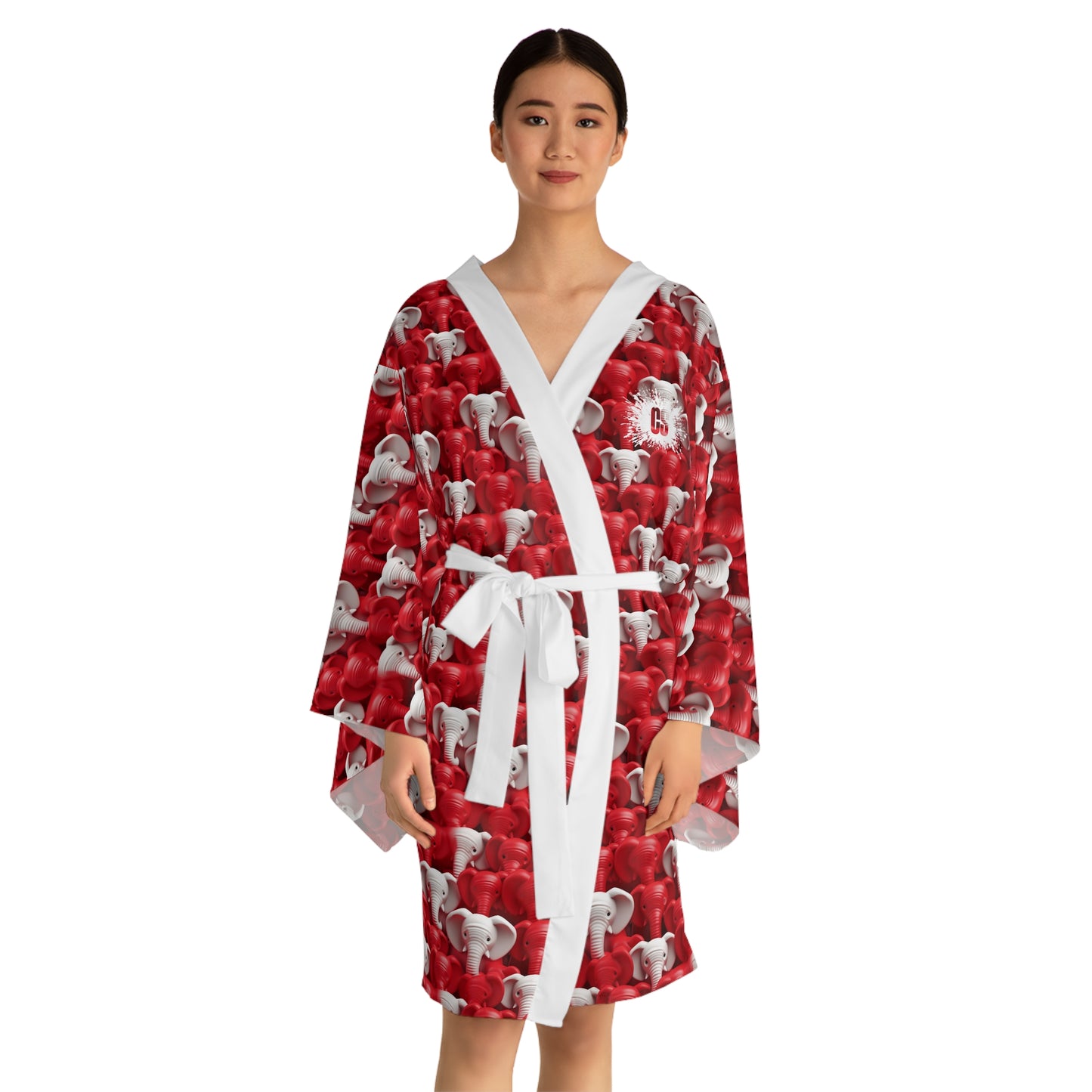 Red & White Elephants Long Sleeve Kimono Robe