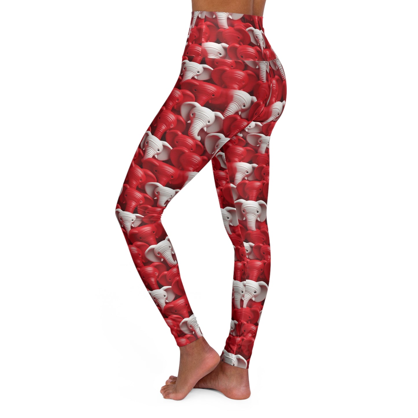 Red & White Elephants High Waisted Yoga Leggings