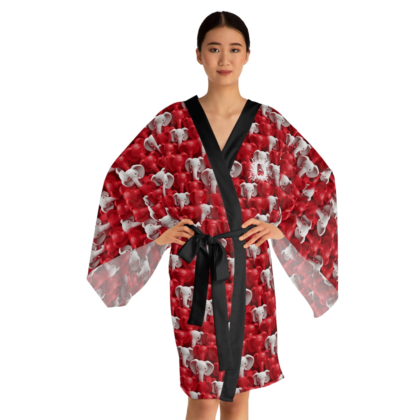 Red & White Elephants Long Sleeve Kimono Robe