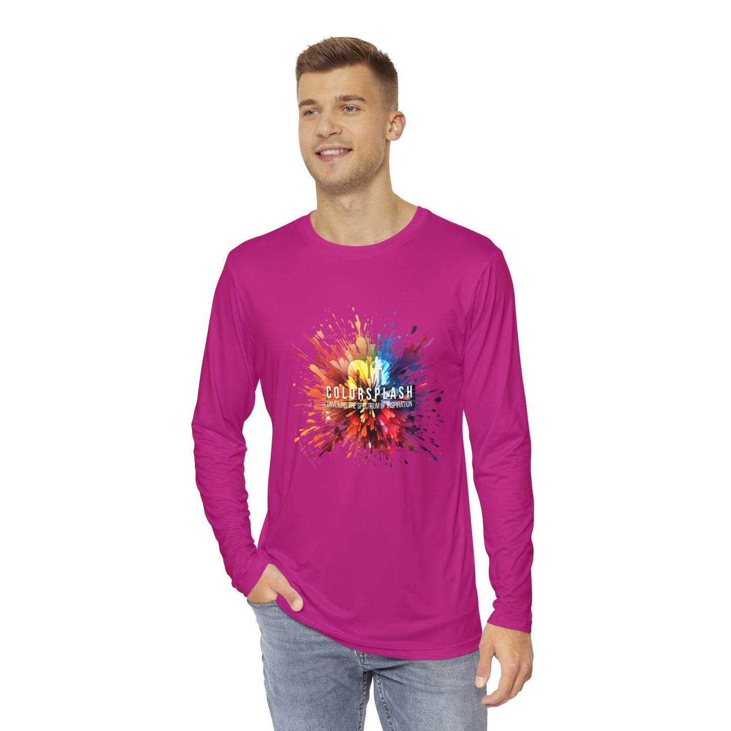 Vibrant Mauve ColorSplash Long Sleeve Shirt for Men - Perfect for Casual Outings and Celebrations