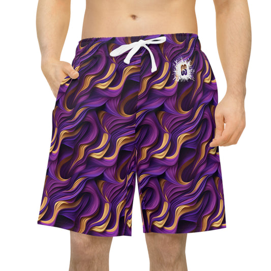 Purple & Gold Satin Athletic Long Shorts