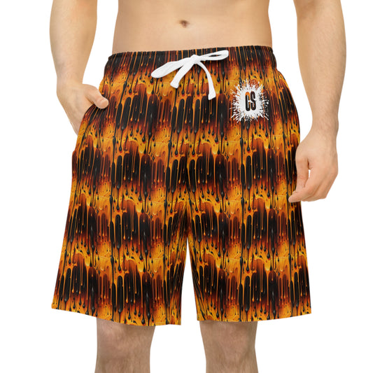 Black & Orange Dripping Paint Athletic Long Shorts