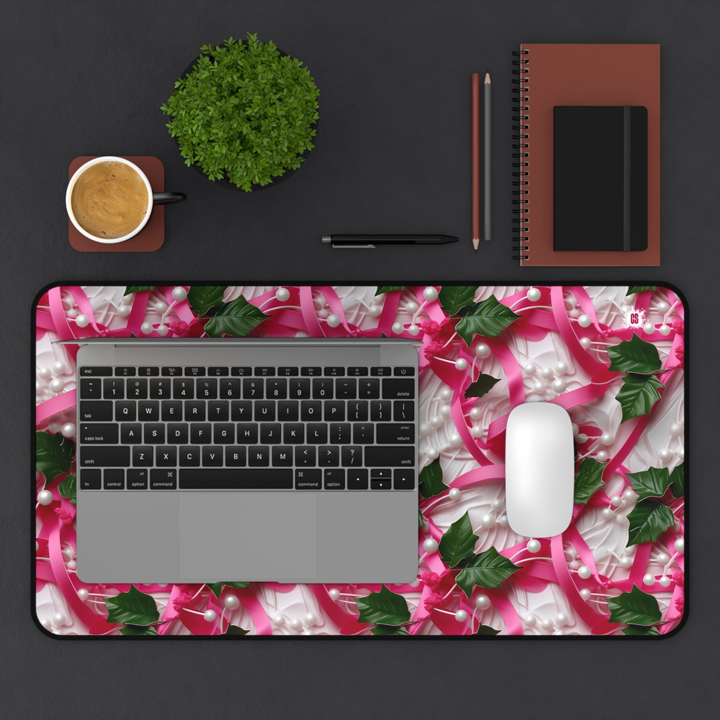 Pink Ribbons, Ivy & Pearls Desk Mat