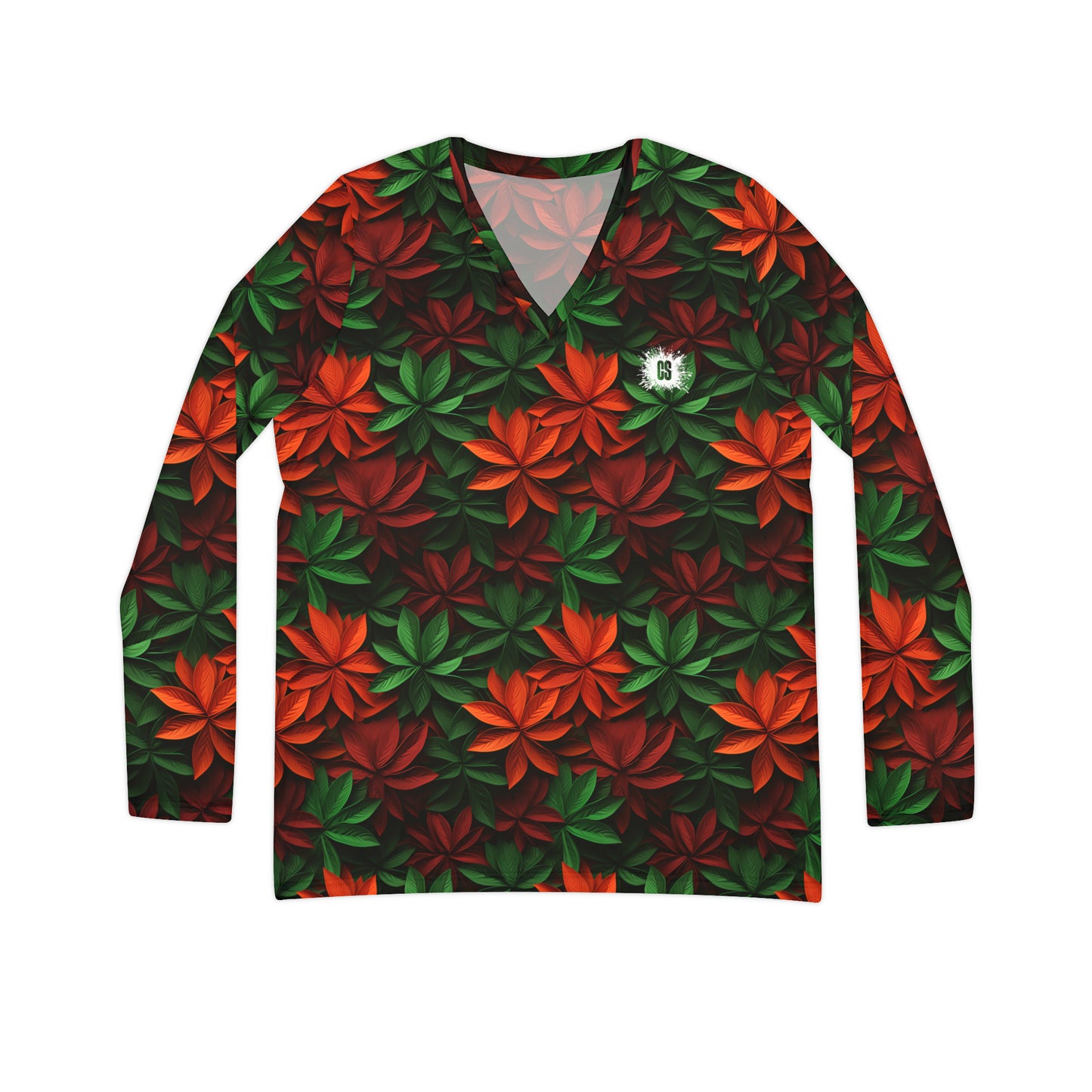 Festive Holiday Leaves Women's Long Sleeve V-neck Shirt