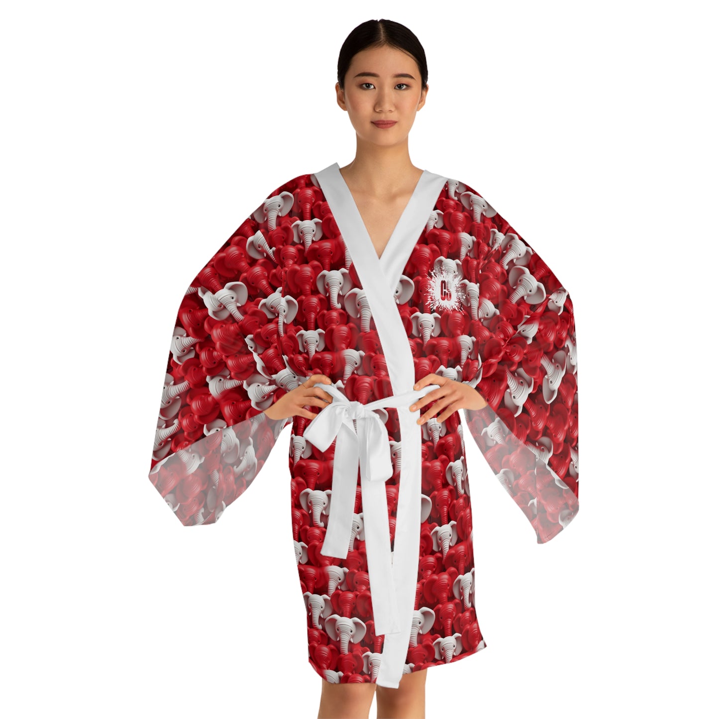 Red & White Elephants Long Sleeve Kimono Robe