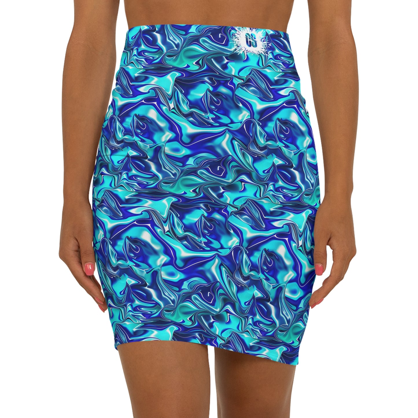 Oceanic Blue Satin Women's Mid-Waist Pencil Skirt