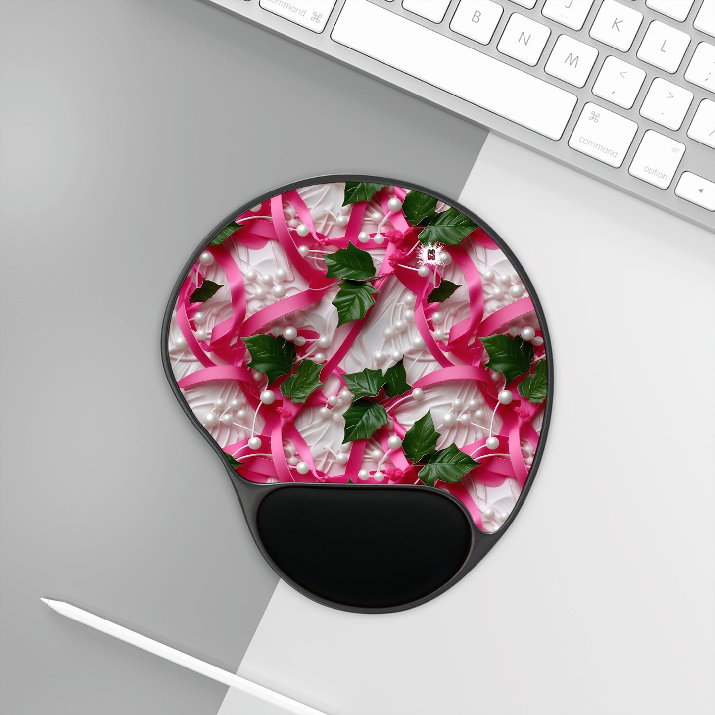 Pink Ribbons, Ivy & Pearls Mouse Pad With Wrist Rest