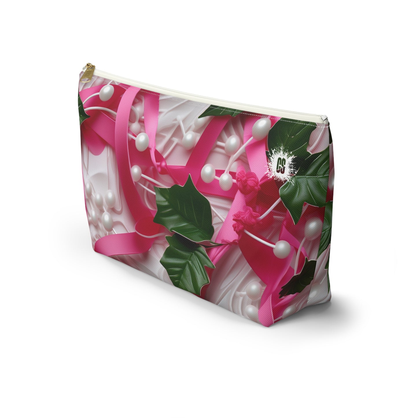 Pink Ribbons, Ivy & Pearls Accessory Pouch w T-bottom