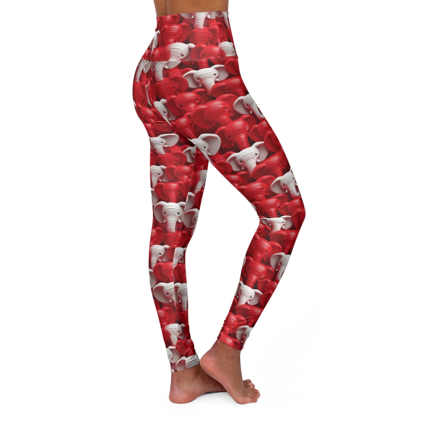 Red & White Elephants High Waisted Yoga Leggings