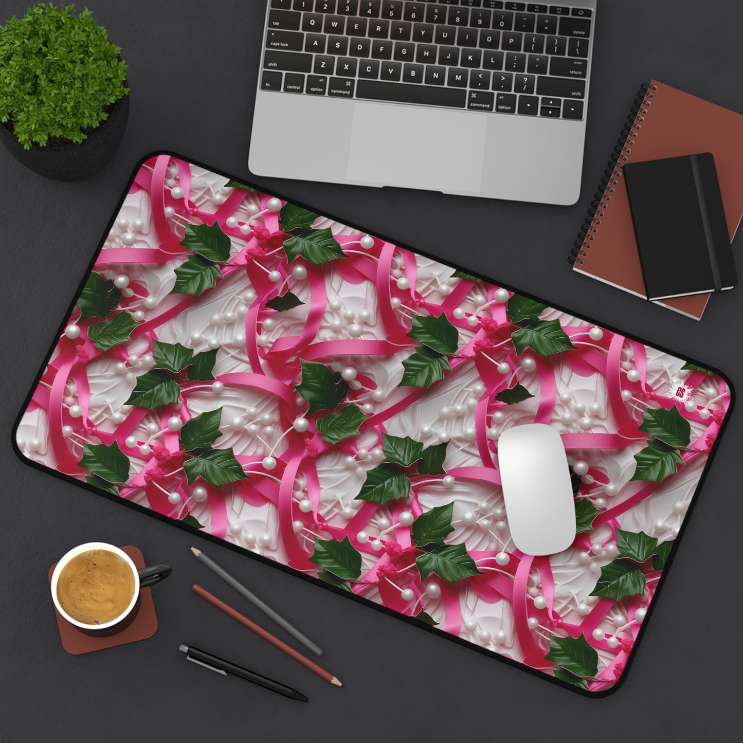 Pink Ribbons, Ivy & Pearls Desk Mat