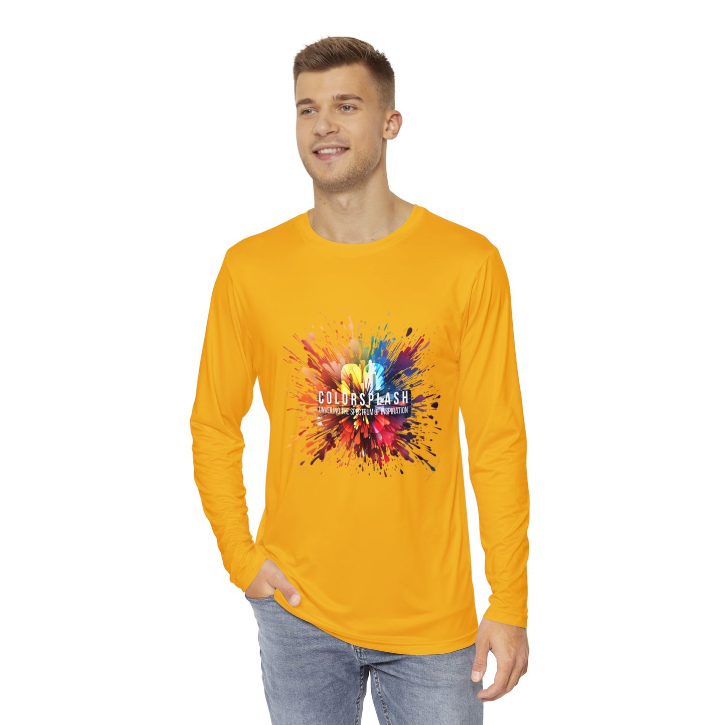 Vibrant Yellow ColorSplash Long Sleeve Shirt for Men – Perfect for Festivals & Casual Wear