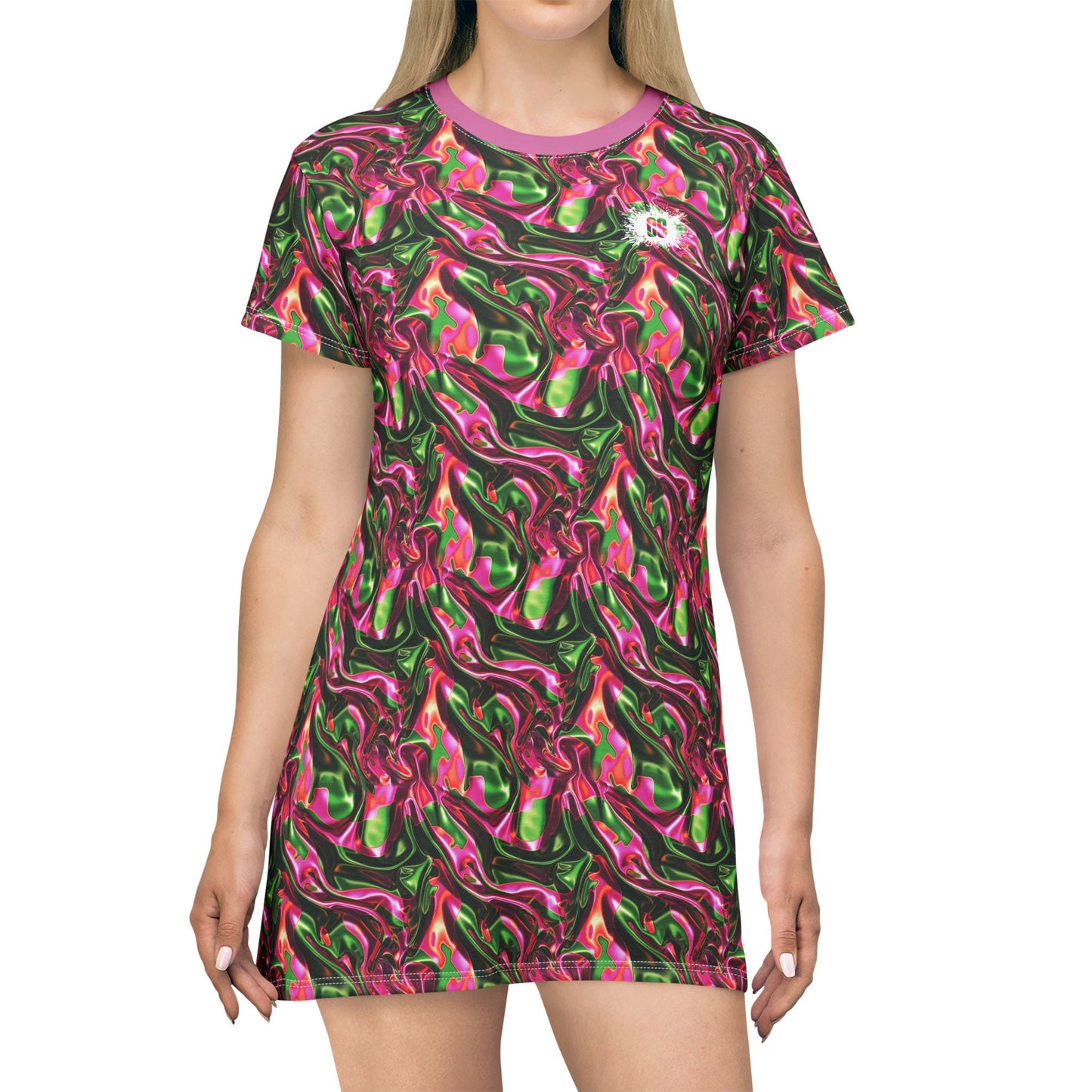 Pink & Green Satin T-Shirt Dress