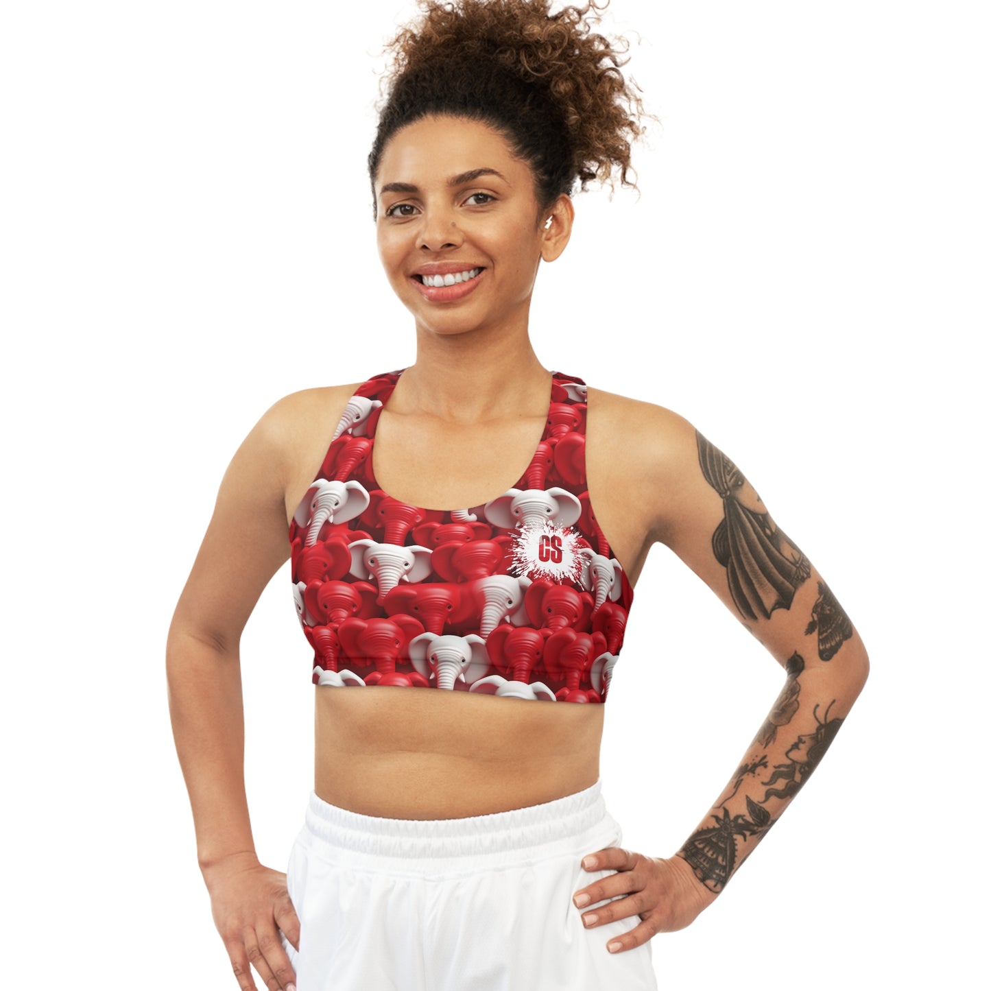 Red & White Elephants Seamless Sports Bra