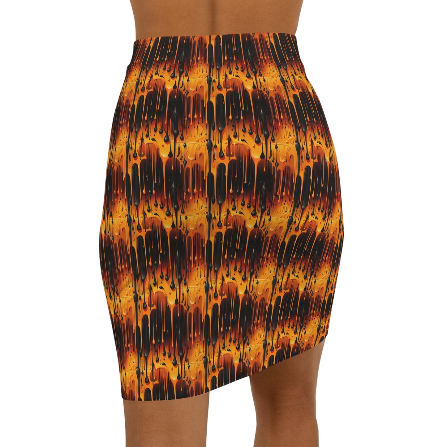 Orange & Black Dripping Paint Women's Mid-Waist Pencil Skirt