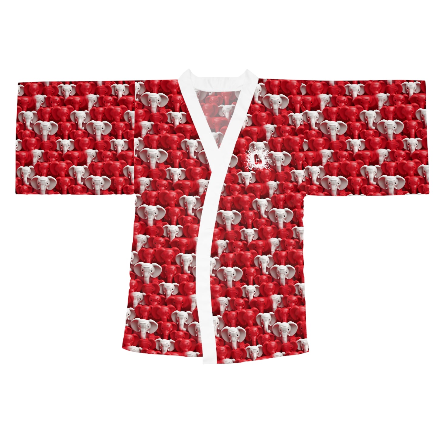 Red & White Elephants Long Sleeve Kimono Robe