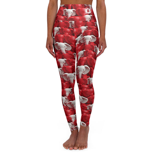 Red & White Elephants High Waisted Yoga Leggings