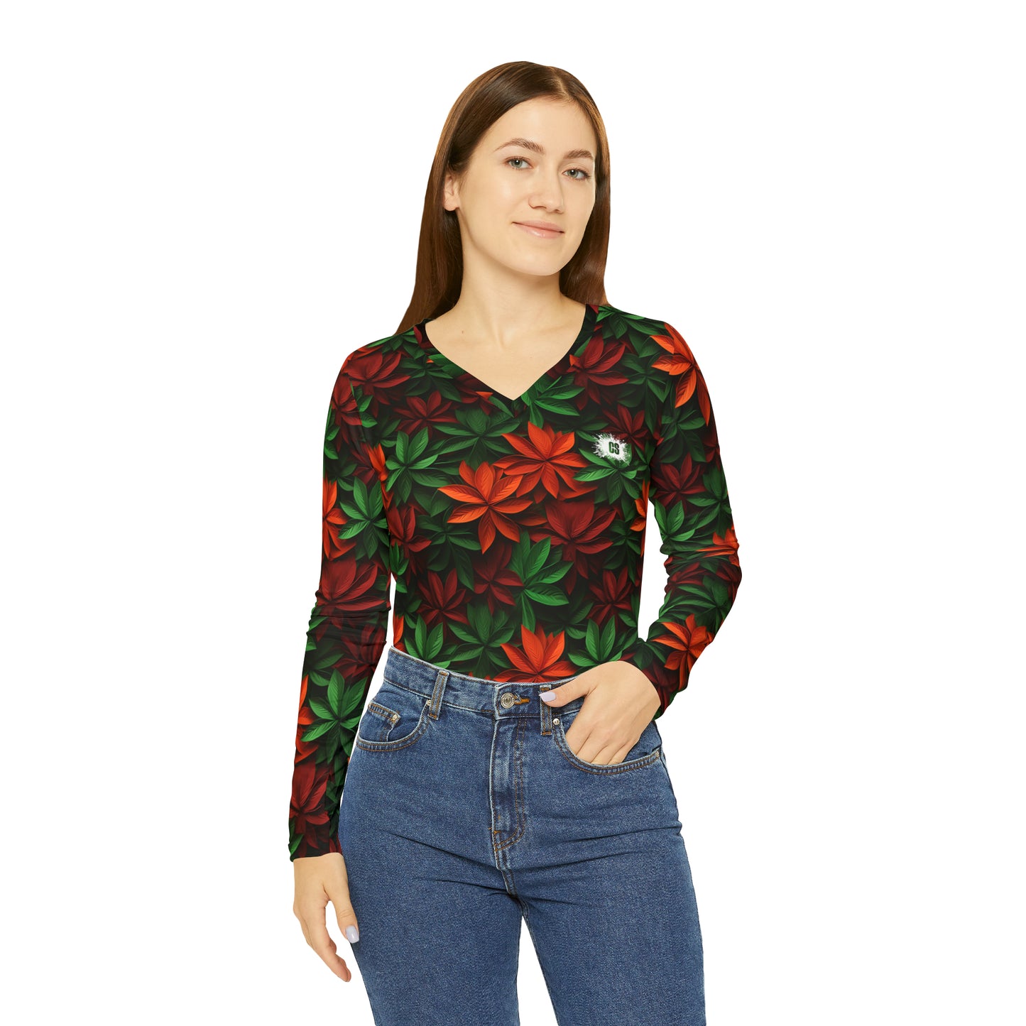 Festive Holiday Leaves Women's Long Sleeve V-neck Shirt