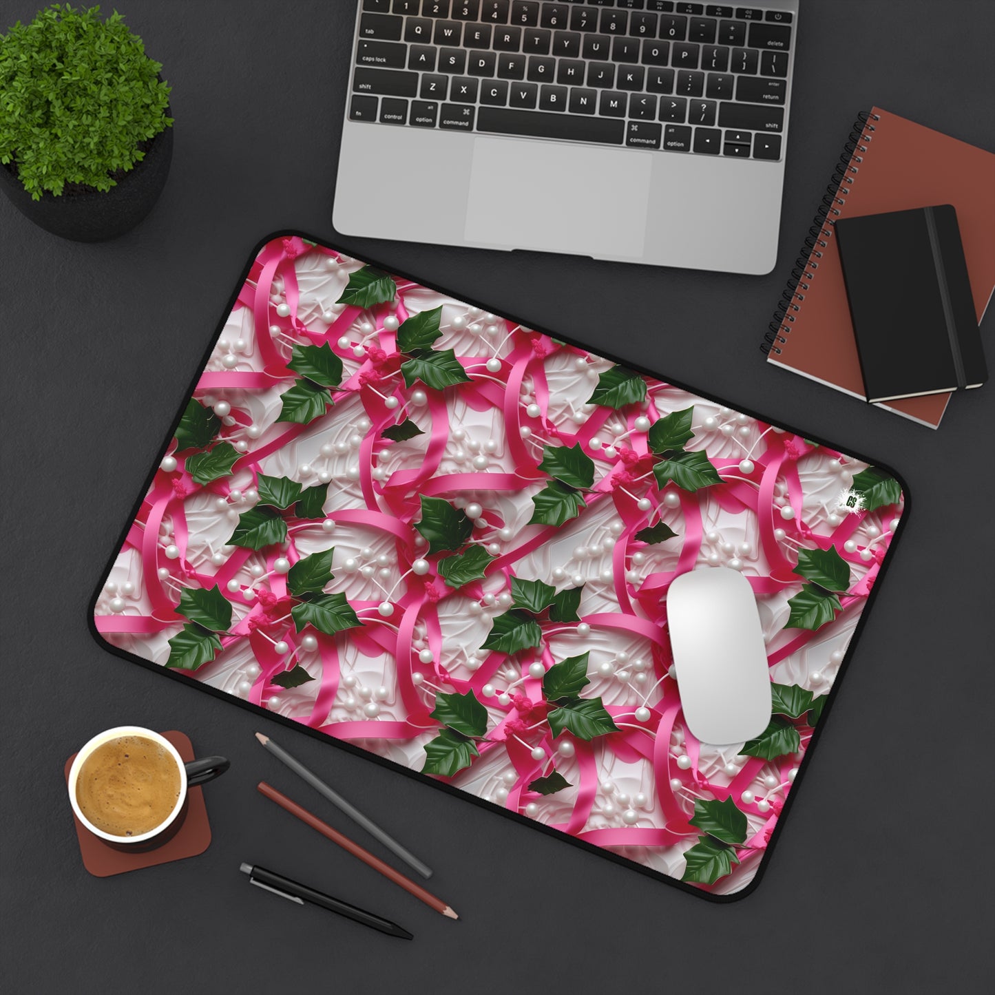 Pink Ribbons, Ivy & Pearls Desk Mat