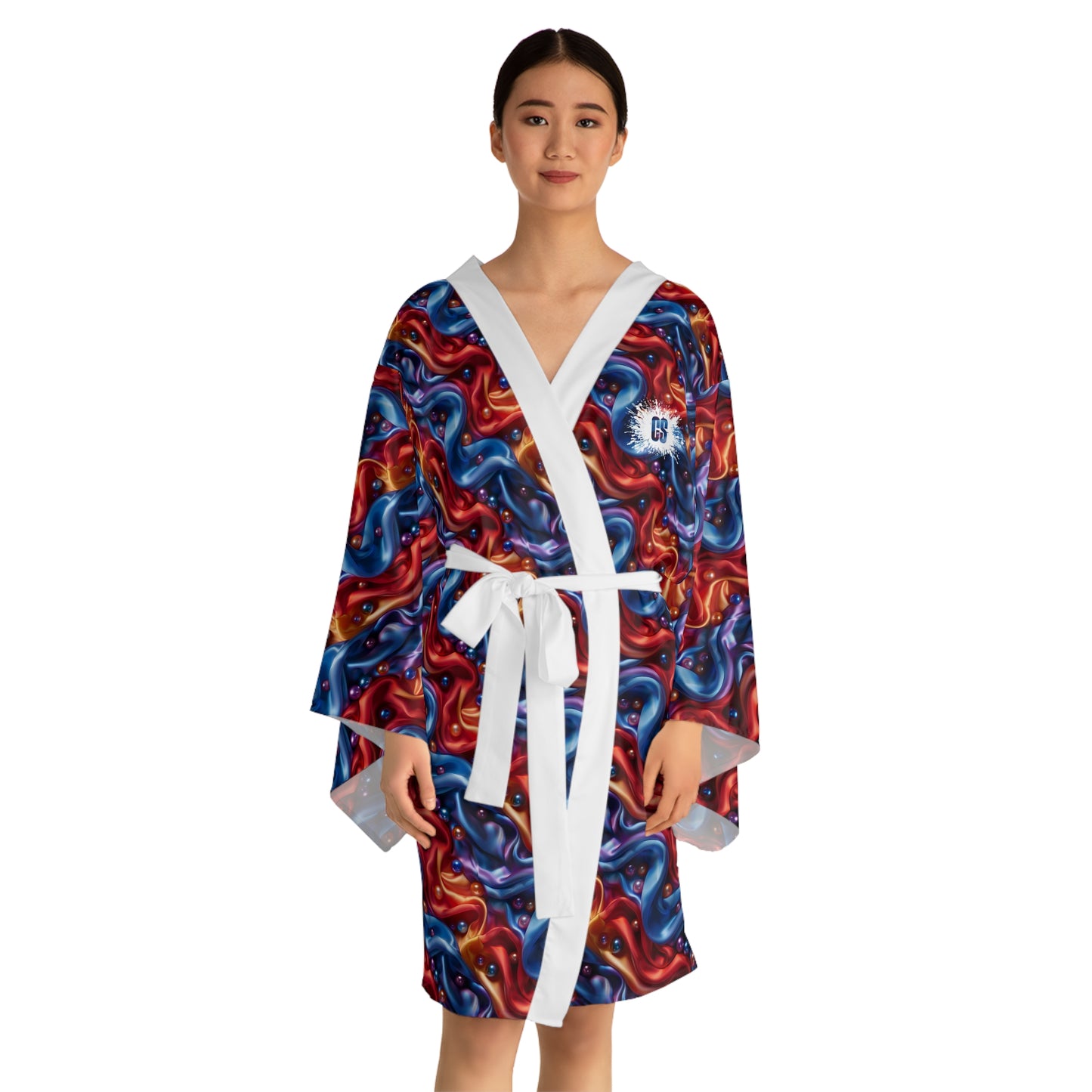 Sartorial Satin & Pearls Long Sleeve Kimono Robe